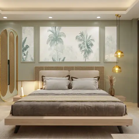 Render of a sage-green bedroom where arched cane-webbed wardrobe shutters with brass beading face a matching cane headboard wall