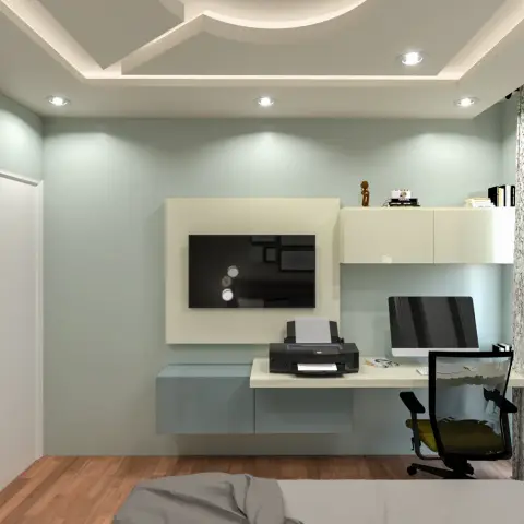Render of a sage-green bedroom where a cream floating study desk with printer and monitor runs off a wall-mounted TV panel under a geometric POP ceiling