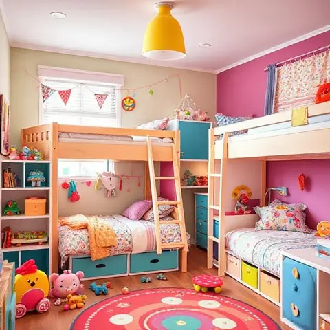 Render of a shared kids' room with two pine bunk beds meeting at right angles, a magenta accent wall
