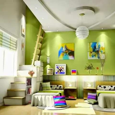 Render of a shared kids' room in apple green with two low beds under cow-print bolsters, a paper globe pendant on a curved false ceiling