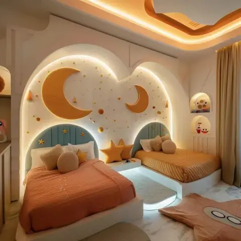 Render of a shared kids room with twin platform beds under a backlit moon-and-stars cutout wall, sage arched headboards and a wavy cove-lit ceiling.