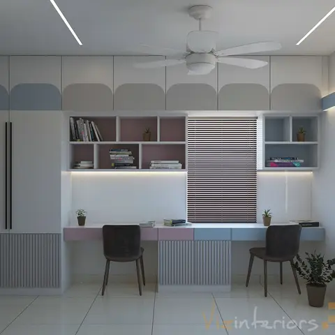 Render of a shared kids' study nook with twin pink-and-blue built-in desks, scalloped overhead cabinets and open bookshelves.