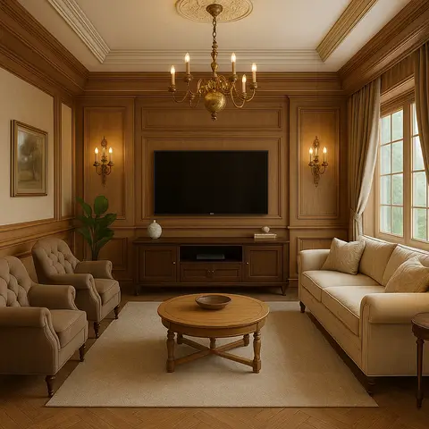 Render of a small classic living room lined in oak raised-panel joinery, the TV set into the panel field between two brass candle sconces