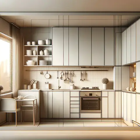 Render of a small galley kitchen with light textured cabinetry, open shelving of ceramic dishware, a grid-tile backsplash with hanging utensils