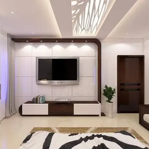 Render of a small living room where a white grid-panelled TV wall curves into a dark wood edge, lit by five spots under a leaf-cut POP ceiling