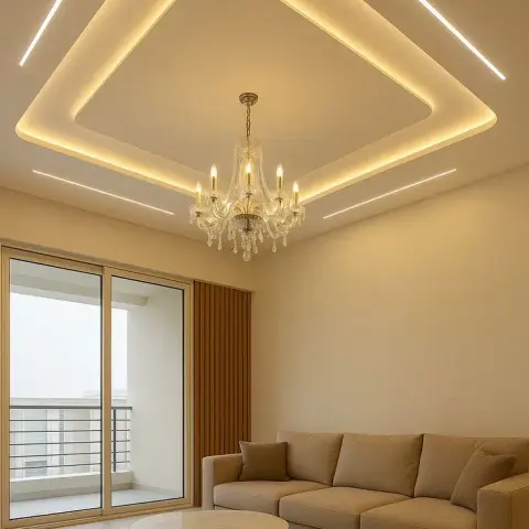 Render of a small living room dominated by a rounded-square cove-lit ceiling drop with four diagonal LED slots and a crystal chandelier
