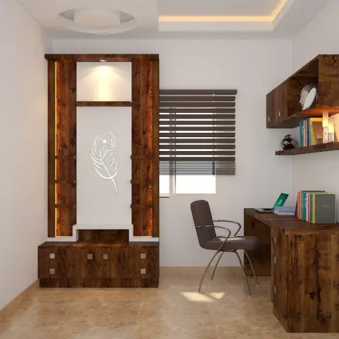 Render of a small pooja-and-study room: a rustic-oak mandir with an etched peacock-feather back panel and a yellow LED strip down one jamb