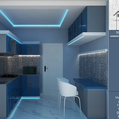 Render of a small U-shaped kitchen with glossy blue cabinetry, patterned tile backsplash, and blue LED cove lighting, with a breakfast counter by the door.