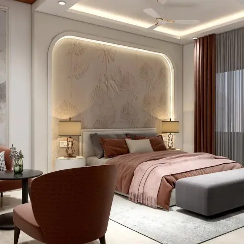 Render of a spacious bedroom where a sculpted cream dandelion-relief panel sits inside a backlit arched niche behind the bed
