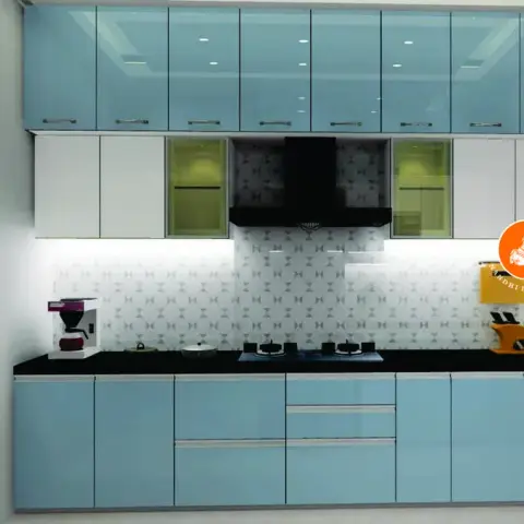 Render of a straight-line kitchen in powder blue high-gloss shutters with white uppers, a black granite counter and a white patterned dado