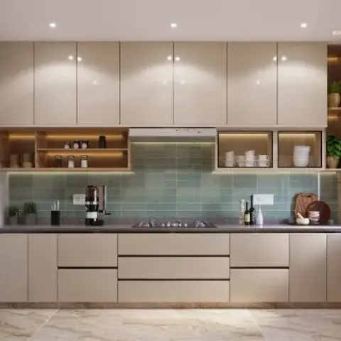 Render of a straight-run kitchen with glossy cream cabinets, a sage green subway tile backsplash and open display shelving with crockery and potted plants