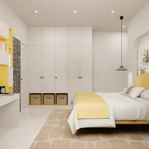 Render of a student's bedroom in white and mustard, with a chalkboard panel of physics formulas beside the wall-hung desk