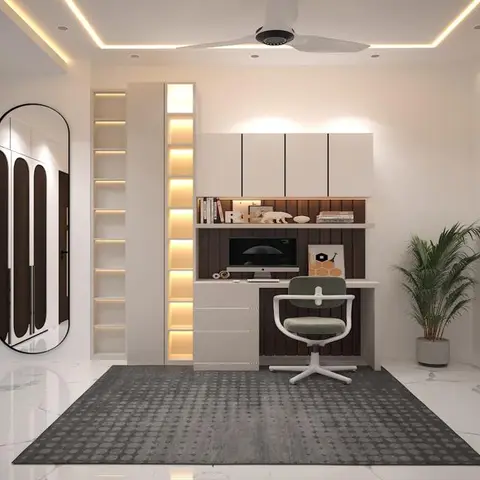 Render of a study corner where a white desk with overhead lockers sits against a dark fluted wood back panel, beside a stepped column of backlit niches
