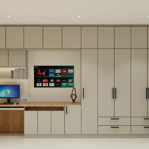 Render of a study corner with a wood-top desk and monitor, a wall-mounted smart TV