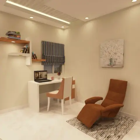 Render of a study corner with a small white desk under staggered white-and-teak wall shelves, a blue-striped roman blind and matching curtain