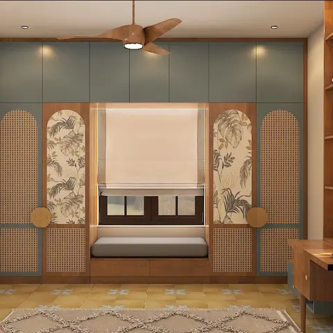 Render of a study nook with an arched sage-green wardrobe wall inset with cane rattan and palm-leaf wallpaper panels, a cushioned window seat