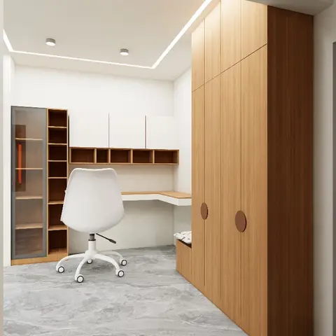 Render of a study nook with a built-in corner desk and open display shelving, a floor-to-ceiling wood wardrobe with circular leather pulls