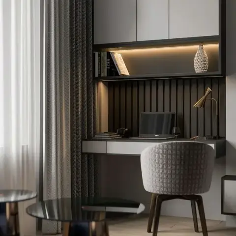Render of a study nook with a wall-hung desk against black fluted panelling, a backlit display shelf above, and a bouclé chair by a curtained window.