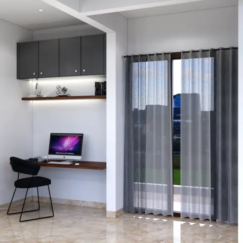Render of a study nook with a wall-mounted walnut desk, overhead grey cabinets with under-shelf lighting