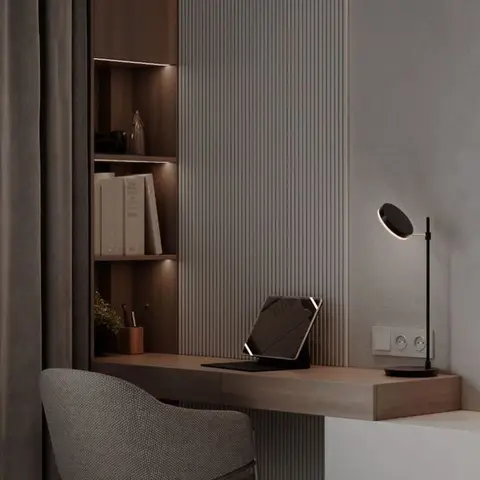 Render of a study nook with a fluted grey panel wall, built-in lit shelving, a floating wood desk and an adjustable reading lamp.