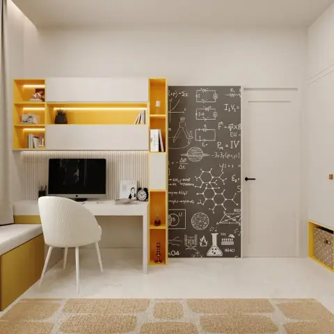 Render of a study nook with a built-in mustard-and-white desk unit, a chalkboard-effect feature wall with science motifs