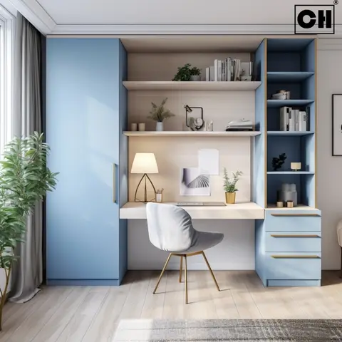 Render of a study nook with a pastel blue wardrobe and matching open shelving flanking a built-in desk, styled with books