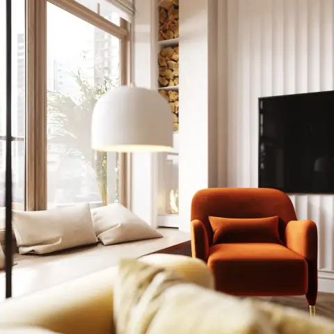 Render of a sunlit living corner where a rust velvet armchair faces a TV on half-round fluted white panelling