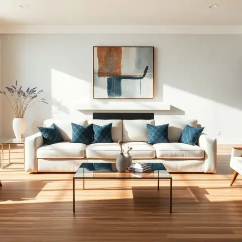 Render of a sunlit living room where a cream sofa with indigo diamond-print cushions faces two angular wood-framed armchairs across a slim glass coffee table