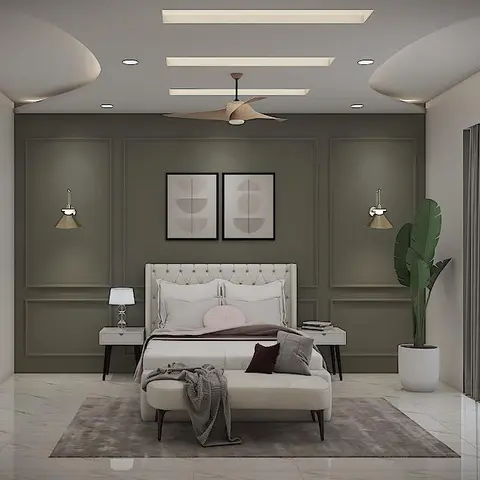 Render of a symmetric bedroom with an olive-green moulded panel wall, a buttoned wingback headboard between matching white nightstands