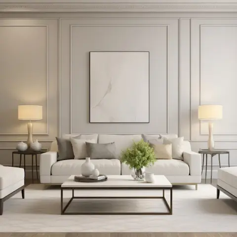 Render of a symmetric living room with a cream sofa flanked by matching armchairs, a marble-top coffee table, twin table lamps on either side