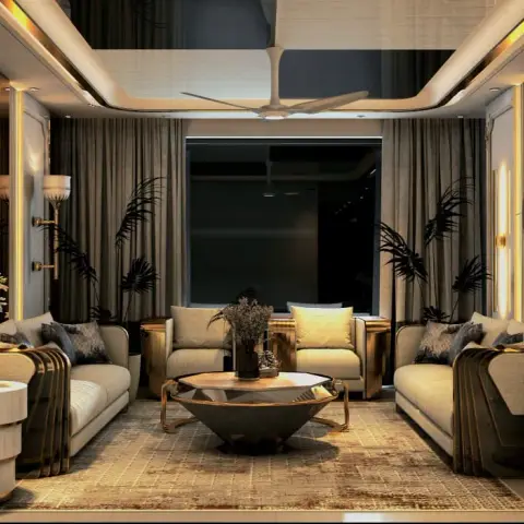 Render of a symmetric luxury living room with cream sofas facing a round brass-trimmed coffee table, a marble wall panel, gold wall sconces and a round mirror.