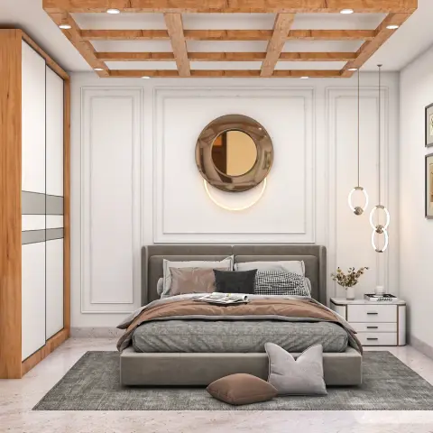 Render of a symmetrical bedroom where a bronze porthole mirror on a lit ring sits centred in a white moulded panel above a grey upholstered bed