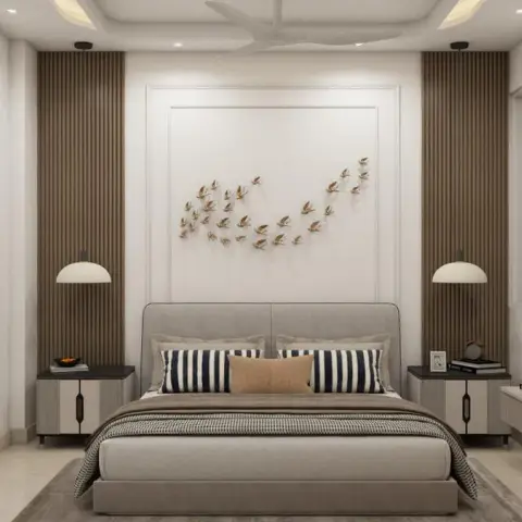 Render of a symmetrical bedroom with fluted walnut panels flanking a white moulded headboard bay