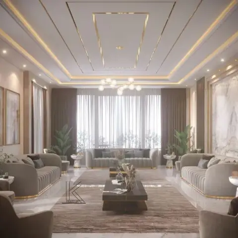 Render of a symmetrical formal living room with three channel-tufted taupe sofas on brass plinths around a dark wood plinth coffee table