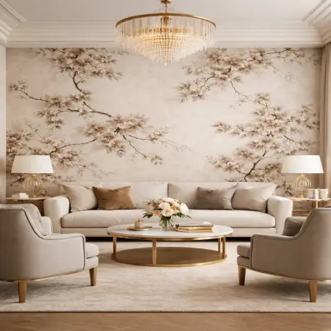 Render of a symmetrical formal living room where a full-wall magnolia-branch mural sits behind a long cream sofa, flanked by twin brass lamps