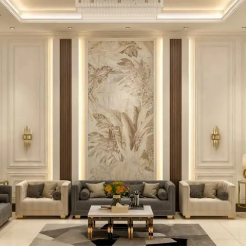 Render of a symmetrical formal living room with cream wall panelling, fluted wood pilasters, a large leaf-pattern backlit art panel, gold wall sconces