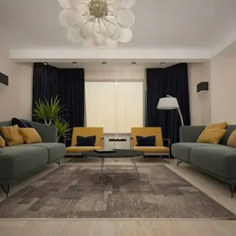 Render of a symmetrical living room with two teal sofas facing each other across a round black coffee table, mustard cushions and armchairs between them