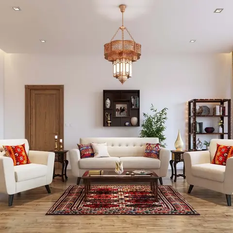 Render of a symmetrical living room where a pierced brass Moroccan lantern hangs over a cream tufted sofa flanked by two matching armchairs