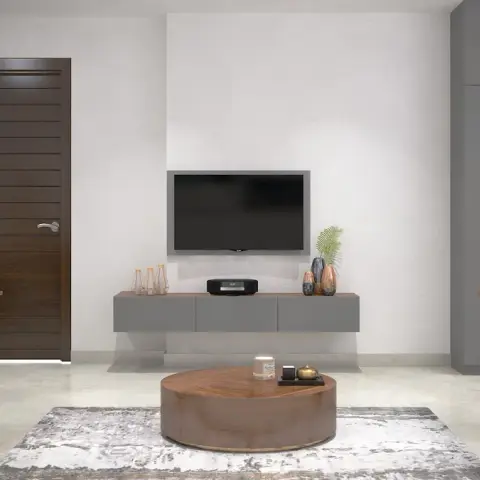 Render of a symmetrical living space with a grey floating TV console on a plain textured wall