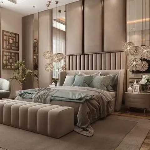 Render of a taupe bedroom: channel-tufted headboard set between full-height upholstered and mirrored wall bays