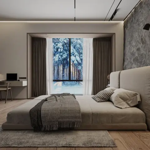Render of a taupe bedroom with a low fabric platform bed and tall soft headboard set against a rough grey plaster wall