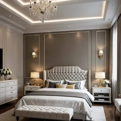 Render of a taupe classic-style bedroom with a tall buttoned wingback headboard, gold-lined moulding frames on the walls