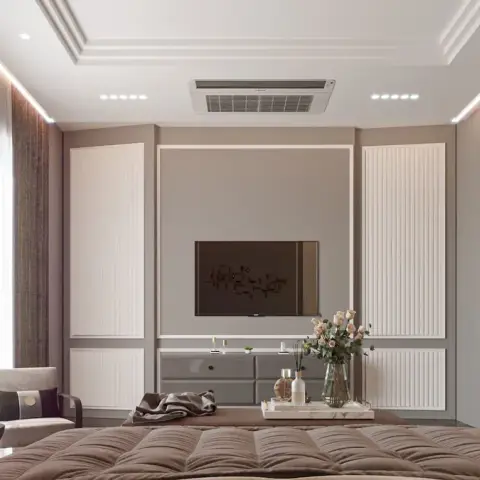 Render of a taupe-grey master bedroom with a fluted-panel TV feature wall flanked by wardrobes, a cove-lit tiered ceiling with cassette AC