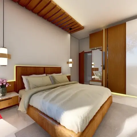Render of a teak-and-white bedroom with a diagonal timber-batten ceiling band, cylinder pendants dropping either side of a teak headboard lit by a concealed