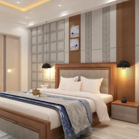 Render of a teak-framed bed with a grey upholstered headboard against a patchwork wall of square coffered panels, chevron grooves and fluted teak strips