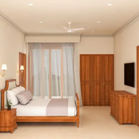 Render of a teak-toned bedroom with a panelled sleigh bed, brass swing-arm sconces, three-shutter wardrobe bank and a wall-hung TV opposite the bed
