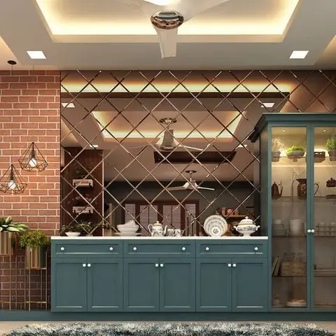 Render of a teal crockery display unit against a brick accent wall and diamond mirror panelling, lit by cove ceiling lighting and geometric pendant lamps.