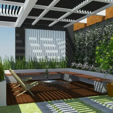 Render of a terrace sit-out under a white slatted pergola, with an L-shaped timber-topped plinth bench wrapping a sunken deck and a trellised green wall behind