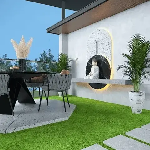 Render of a terrace sit-out — grey woven outdoor dining set on a terrazzo pad set into artificial turf
