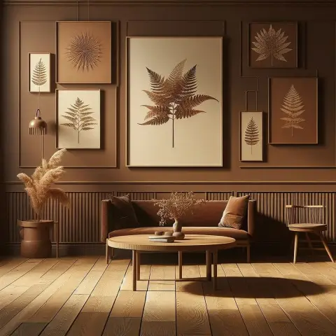 Render of a tone-on-tone brown sitting room: a seven-frame gallery of fern prints over applied wall mouldings, a fluted dado behind a low brown bench sofa